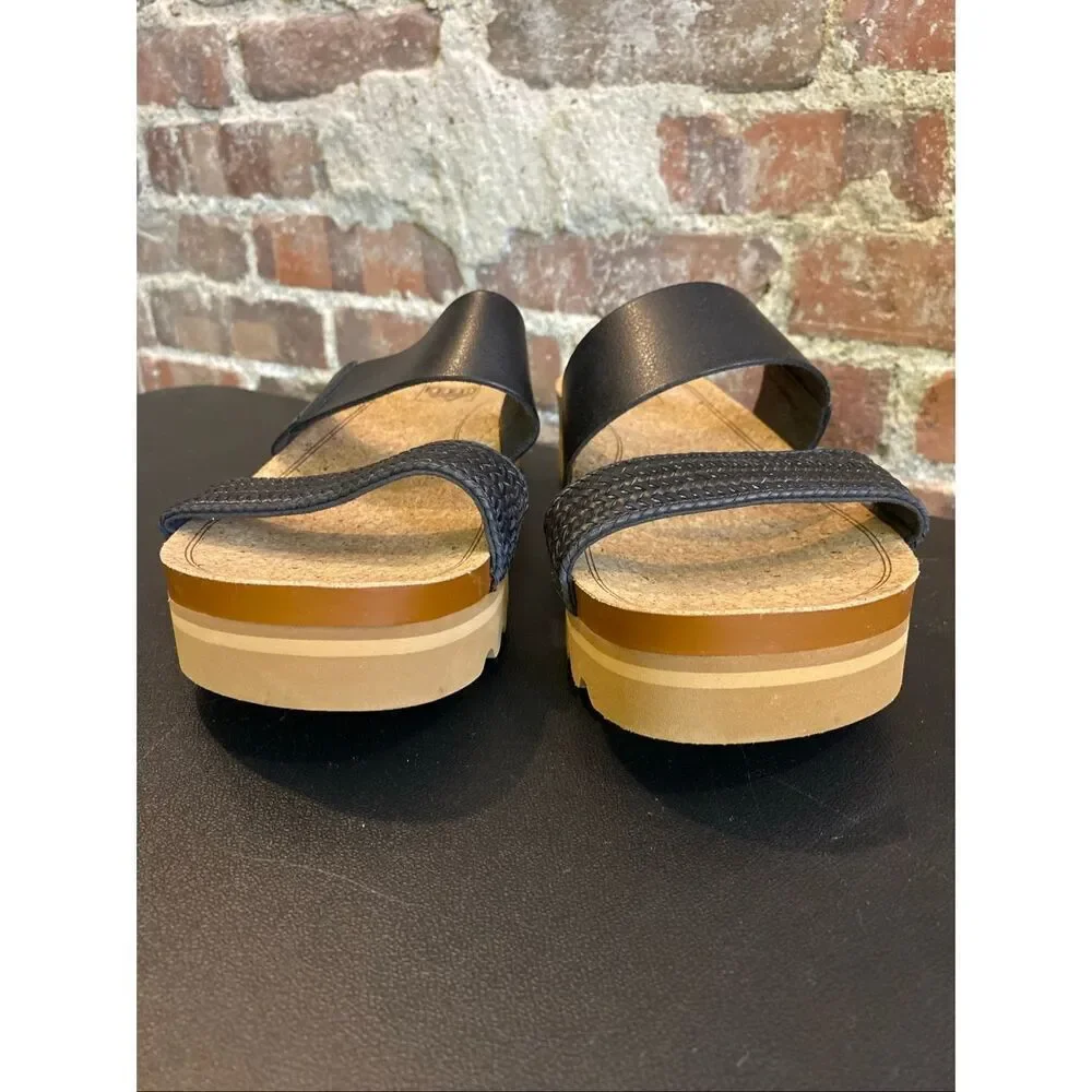 REEF • Black Vegan Leather Braided Double Strap Tan Cork/Foam 2” Sole Slide Sand